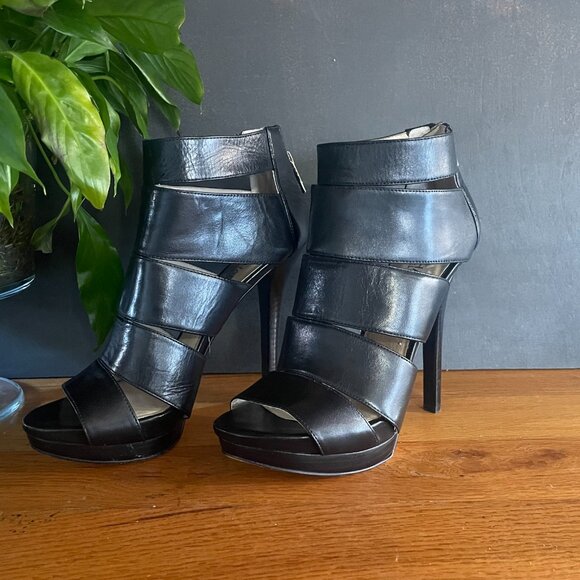 Michael Michael Kors Brena Black Leather Platform Heeled Booties Women’s 8.5M - Picture 1 of 12